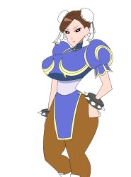 Rule 34 | 1girl, absurdres, breasts, bright pupils, brown pantyhose, capcom, china dress, chinese clothes, chun-li, crayon shin-chan, double bun, dress, hair bun, hand on own hip, highres, large breasts, pantyhose, solo, standing, street fighter, subaru (shijar), swimsuit