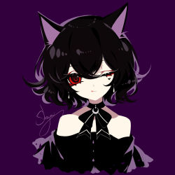 Rule 34 | 1girl, ;q, absurdres, animal ears, artist name, bare shoulders, black bow, black bowtie, black choker, black dress, black hair, bow, bowtie, cat ears, choker, commentary, crescent, cropped torso, dress, eyelashes, hair between eyes, head tilt, heart, highres, looking at viewer, off-shoulder dress, off shoulder, one eye closed, original, purple background, red eyes, revision, sheya, short hair, signature, simple background, smile, solo, tongue, tongue out, upper body