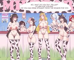 Rule 34 | 6+girls, :t, animal ear headband, animal print, bikini, blake belladonna, blush, breasts, breasts out, cow girl, cow print, exhibitionism, glynda goodwitch, highres, horns, hucow, human cattle, lactation, large breasts, long hair, medium breasts, multiple girls, neo politan, nipple piercing, nipples, outdoors, piercing, prostitution, public indecency, pyrrha nikos, raven branwen, reqqles, revealing clothes, ruby rose, rwby, swimsuit, thighhighs, weiss schnee, women livestock, yang xiao long