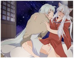 Rule 34 | 2boys, animal ears, brothers, claws, facial mark, fangs, forehead mark, handjob, highres, incest, inuyasha, inuyasha (character), japanese clothes, jewelry, long hair, male focus, multiple boys, necklace, penis, pubic hair, sesshoumaru, siblings, skyisfreedom, white hair, yaoi