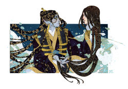 2boys black_hair blue_background blue_hanfu blue_sclera blue_skin blue_theme border chinese_clothes closed_mouth colored_sclera colored_skin commentary commission english_commentary fingernails fish_skeleton_hair_ornament frown gills gold hanfu he_xuan holding_another&#039;s_hair holding_detached_head long_hair male_focus multiple_boys open_mouth outside_border paper_cutout_(medium) papercraft_(medium) profile severed_head sharp_fingernails shi_wudu spoilers tianguan_cifu unconventional_media very_long_hair water waves white_border xiao_guan_(headdress) yellow_eyes yellow_trim yutaan