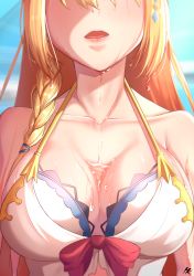 Rule 34 | 1girl, absurdres, bare shoulders, bikini, bikini top only, blonde hair, blush, braid, breasts, bust cup, cleavage, collarbone, ha kang, head out of frame, highres, long hair, medium breasts, open mouth, pecorine (princess connect!), pecorine (summer) (princess connect!), princess connect!, side braid, solo, swimsuit, upper body, view between breasts, wet, white bikini