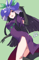Rule 34 | 1girl, black footwear, black gloves, breasts, dress, elbow gloves, flower, gloves, green background, highres, jack (wkm74959), long hair, looking at viewer, medium breasts, one-hour drawing challenge, open mouth, orchid, puffy short sleeves, puffy sleeves, purple dress, purple eyes, short sleeves, smile, solo, touhou, yomotsu hisami