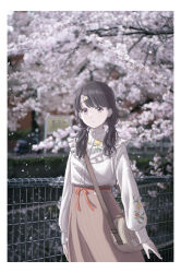 Rule 34 | 1girl, bag, black hair, cherry blossoms, commentary request, food-themed hair ornament, fukumaru koito, hair ornament, hairclip, highres, idolmaster, idolmaster shiny colors, long hair, long skirt, long sleeves, looking at viewer, low twintails, petals, purple eyes, shirt, shoulder bag, skirt, solo, swept bangs, t takahashi (ixtl416), twintails, white shirt