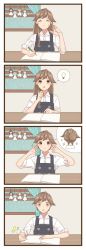 Rule 34 | 1girl, 4koma, :&gt;, alternate hairstyle, arashio (kancolle), asashio (kancolle), bad id, bad twitter id, blush, book, border, brown eyes, brown hair, buttons, closed eyes, collared shirt, comic, constricted pupils, curtains, dress, hair bun, handa (jdox), highres, holding, holding pencil, indoors, kantai collection, light bulb, long sleeves, looking at viewer, michishio (kancolle), ooshio (kancolle), open book, pencil, pinafore dress, rain, shirt, sleeveless dress, sleeves rolled up, smile, solo, sparkle, spoken light bulb, sweat, swept bangs, table, teruterubouzu, upper body, white border, white shirt, window