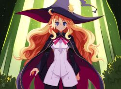 Rule 34 | 1girl, ahoge, black pantyhose, blonde hair, blue eyes, blush, bush, cape, commentary, english commentary, green background, hair between eyes, hat, highres, light particles, long hair, long sleeves, looking at viewer, luca (majo no ryodan), pantyhose, refrain no chika meikyuu to majo no ryodan, smile, solo, spoilers, upper body, very long hair, wavy hair, wide sleeves, witch, witch hat, zmeinir