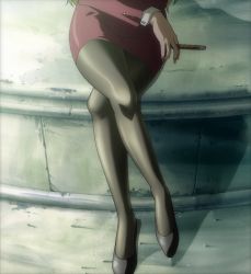 Rule 34 | 1girl, balalaika (black lagoon), black lagoon, business suit, cigarette, formal, highres, legs, nail polish, sitting, solo, stitched, suit, third-party edit