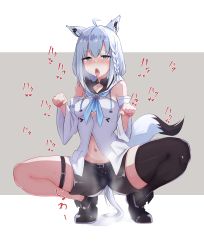 Rule 34 | 1girl, ahoge, animal ear fluff, animal ears, aqua eyes, bare shoulders, belt, black belt, black footwear, black shorts, black thighhighs, blue neckerchief, blush, boots, braid, breasts, collarbone, commission, detached sleeves, ear piercing, earrings, empty eyes, fox ears, fox girl, fox tail, hair between eyes, heavy breathing, highres, hololive, hood, hoodie, jewelry, long hair, low ponytail, mm (mm chair), navel, neckerchief, open mouth, paw pose, piercing, pussy juice, shirakami fubuki, shirakami fubuki (1st costume), short shorts, shorts, side braid, single braid, single earring, single thighhigh, skeb commission, sleeveless, solo, spread legs, squatting, sweat, tail, thigh strap, thighhighs, tongue, tongue out, virtual youtuber, white hair, white hoodie, white sleeves, wide sleeves