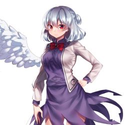 Rule 34 | 1girl, absurdres, bad id, bad twitter id, bow, bowtie, breasts, brown eyes, closed mouth, cowboy shot, dark jewel (gem oblivion), dress, hair between eyes, hand on own hip, highres, jacket, kishin sagume, long sleeves, looking at viewer, medium breasts, open clothes, open jacket, purple dress, red bow, red bowtie, short hair, silver hair, simple background, single wing, solo, touhou, white background, white jacket, white wings, wings