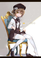 Rule 34 | 1girl, absurdres, ahoge, beret, black hat, black ribbon, black skirt, brown footwear, brown hair, chair, character name, collared shirt, glint, hat, hatoba tsugu, highres, letterboxed, light, loafers, long sleeves, mole, mole under eye, neck ribbon, on chair, pantyhose, parted lips, ribbon, seductive smile, shaded face, shirt, shoes, short hair, sitting, skirt, skirt hold, smile, solo, suspender skirt, suspenders, unworn shoe, unworn shoes, virtual youtuber, white pantyhose, wing collar, yamano (yamanoh)