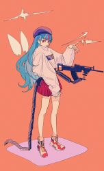 Rule 34 | 1girl, blue hair, cogecha, flat color, full body, gun, hat, highres, ligne claire, long hair, long sleeves, multicolored hair, open mouth, orange background, original, pink hair, puffy long sleeves, puffy sleeves, red eyes, red skirt, shoes, simple background, skirt, standing, streaked hair, two-tone hair, very long hair, weapon
