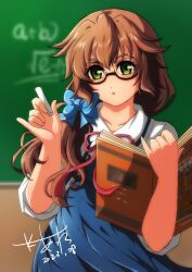 Rule 34 | 1girl, akane kazami, blurry, blurry background, book, brown hair, chalk, chalkboard, dated, double-parted bangs, glass, green eyes, hair between eyes, highres, holding, holding book, holding chalk, kokonoe towa, long hair, looking at viewer, open mouth, ponytail, signature, solo, teacher, tokyo xanadu, wavy hair