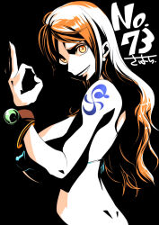 1girl ass black_background breasts brown_eyes covered_erect_nipples female_focus highres huge_breasts japanese_text long_hair nami_(one_piece) one_piece orange_hair smile source_request sunahara_wataru swimsuit text_focus translation_request