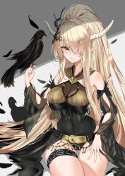 Rule 34 | 1girl, arknights, belt, bird, black one-piece swimsuit, blonde hair, blush, breasts, covered navel, crow, grin, hair ornament, highres, horns, long hair, looking at viewer, md5 mismatch, official alternate costume, one-piece swimsuit, pointy ears, red eyes, resolution mismatch, see-through, shining (arknights), shining (silent night) (arknights), smile, solo, source larger, srpzk, swimsuit, very long hair
