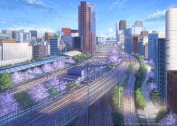 Rule 34 | blurry, brand name imitation, building, cherry blossoms, cityscape, cloud, commentary, day, depth of field, highres, md5 mismatch, niko p, no humans, original, railroad tracks, real world location, resolution mismatch, road, scenery, shadow, shinjuku (tokyo), sky, source smaller, spring (season), street, tokyo (city), train station, tree, watermark