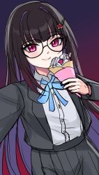 Rule 34 | 1girl, absurdres, black jacket, black skirt, blazer, blue ribbon, blush, brown hair, closed mouth, collared shirt, colored inner hair, cowboy shot, flareza, food, glasses, gradient background, hair intakes, hair ornament, hairclip, high-waist skirt, highres, holding, holding food, holding ice cream, honkai: star rail, honkai (series), ice cream, jacket, long hair, long sleeves, looking at viewer, multicolored hair, neck ribbon, open clothes, open jacket, outstretched arm, pink eyes, pleated skirt, purple hair, ribbon, school uniform, selfie, shirt, skirt, smile, solo, sparkle (honkai: star rail), straight hair, white shirt