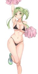 Rule 34 | 1girl, absurdres, alternate costume, alternate hairstyle, amagi (amagi626), arm up, armpits, bikini, black bikini, blush, breasts, cheerleader, cleavage, closed mouth, collarbone, green eyes, green hair, hair intakes, highres, large breasts, lips, long hair, looking at viewer, navel, pom pom (cheerleading), shoes, simple background, smile, sneakers, solo, standing, standing on one leg, stomach, sweat, swimsuit, teireida mai, thighs, touhou, white background