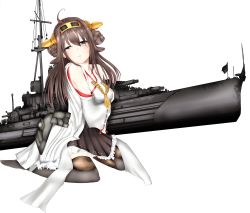 Rule 34 | 10s, 1girl, absurdres, ahoge, bare shoulders, blush, brown hair, detached sleeves, double bun, hair ornament, hairband, headgear, highres, japanese clothes, kantai collection, kongou (kancolle), long hair, looking at viewer, open mouth, personification, purple hair, sitting, skirt, solo, thighhighs, white background, wide sleeves, yukku (k-highlight)