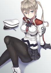 Rule 34 | 10s, 1girl, arm support, ass, bad id, bad pixiv id, black pantyhose, blonde hair, breasts, gloves, graf zeppelin (kancolle), grey eyes, hat, unworn hat, unworn headwear, kantai collection, pantyhose, ryuinu, skirt, solo, thighs