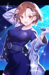 Rule 34 | 1girl, :d, absurdres, blue dress, brown eyes, brown hair, commentary request, dress, gloves, hair ornament, hairclip, highres, hiraga matsuri, holding, holding microphone, jacket, looking at viewer, microphone, open mouth, original, short dress, short hair, smile, solo, sparkle, white gloves, white jacket