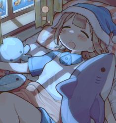 Rule 34 | 1girl, bed, blue headwear, blush, brown hair, clownfish, commission, drooling, closed eyes, fish, highres, indoors, lying, on back, on bed, original, pillow, rnfhv, short hair, short sleeves, skeb commission, sleeping, solo, stuffed animal, stuffed shark, stuffed toy, window