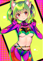 Rule 34 | 1girl, absurdres, animal ears, blush, bodysuit, breasts, cat ears, dohna dohna issho ni warui koto o shiyou, extra ears, green hair, highres, kirakira (dohna dohna), kuka, looking at viewer, medium hair, midriff, multicolored bodysuit, multicolored clothes, multicolored hair, navel, orange eyes, partial bodysuit, pink hair, skindentation, small breasts, smile, solo, twintails, two-tone hair, underboob