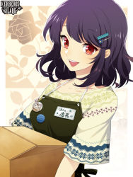 Rule 34 | 1girl, :d, apron, badge, black hair, box, button badge, copyright name, hair ornament, hairclip, holding, holding box, kerberos blade, l (matador), medium hair, name tag, open mouth, red eyes, short sleeves, simple background, smile, solo, upper body
