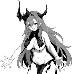Rule 34 | 1girl, azur lane, azur lane: slow ahead, bare shoulders, breasts, cowboy shot, female focus, greyscale, groin, hair between eyes, hori (hori no su), horns, jewelry, large breasts, large horns, long hair, mary celeste (azur lane), md5 mismatch, monochrome, navel, necklace, official art, open mouth, outstretched arms, pointy ears, revealing clothes, smile, solo, stomach, torn clothes, transparent background, webp-to-png conversion