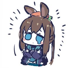 Rule 34 | 1girl, amiya (arknights), animal ears, arknights, blue eyes, blue jacket, blush, brown hair, carrot, commentary request, crossed arms, feet out of frame, food, food on head, hair between eyes, jacket, long hair, long sleeves, looking at viewer, lowres, object on head, open clothes, open jacket, ponytail, rabbit ears, shirt, sidelocks, simple background, solo, sukima (crie), tears, white background