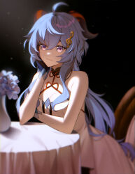 Rule 34 | 1girl, ahoge, arm support, bare shoulders, black background, black gloves, blue flower, blue hair, closed mouth, commentary request, cowboy shot, dress, flower, flower pot, fortissimo, gahi, ganyu (genshin concert) (genshin impact), ganyu (genshin impact), genshin impact, gloves, goat horns, hair ornament, hand on own cheek, hand on own face, highres, horns, leaning on table, light particles, long hair, looking at viewer, musical note, musical note hair ornament, official alternate costume, purple hair, sleeveless, sleeveless dress, solo, tablecloth, very long hair, white dress