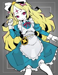 Rule 34 | 1girl, @ @, akableak, apron, blonde hair, blue dress, dress, feet out of frame, flat chest, frilled dress, frills, hair ribbon, highres, long bangs, long hair, mahou shoujo ni akogarete, multicolored hair, nero alice, open mouth, pink eyes, ribbon, simple background, solo, star tattoo, streaked hair, tattoo, thighhighs, very long hair, white apron, white ribbon, white thighhighs