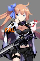 Rule 34 | 1girl, absurdres, ahoge, alternate costume, ammunition pouch, animal, animal on shoulder, arm at side, arm up, assault rifle, badge, battle rifle, belt, black neckwear, black scarf, black thighhighs, blonde hair, blue bow, blue eyes, bow, breasts, character name, choker, cleavage, closed mouth, coat, collarbone, corset, cowboy shot, cross, dress, epaulettes, expressionless, eyes visible through hair, fal (girls&#039; frontline), ferret, fn fal, girls&#039; frontline, grey background, gun, hair between eyes, hair bow, hair ornament, half-closed eyes, hand to headset, headset, highres, holding, holding gun, holding weapon, jacket, large breasts, layered dress, long hair, long sleeves, looking at viewer, midriff, military, military uniform, open clothes, open coat, pouch, rapune, red ribbon, ribbon, rifle, scarf, side ponytail, sidelocks, simple background, single thighhigh, sleeve cuffs, solo, standing, strap, sunglasses, tactical clothes, thigh strap, thighhighs, thighs, trigger discipline, uniform, very long hair, weapon, zettai ryouiki