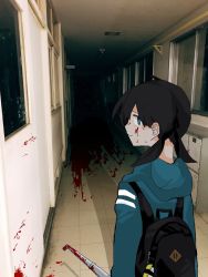 Rule 34 | 1girl, backpack, bad id, bad twitter id, bag, black hair, blood, blood on face, blood on wall, blood splatter, blood stain, blue jacket, charm (object), closed mouth, commentary request, creepy, dark, from behind, hallway, highres, holding, holding smoking pipe, hood, hooded jacket, horror (theme), indoors, industrial pipe, jacket, looking at viewer, looking back, low twintails, original, outo eguchi, photo background, school, shaded face, smoking pipe, solo, sushi charm, tile floor, tiles, twintails, window