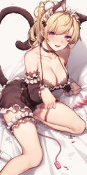 Rule 34 | 1girl, animal ear fluff, animal ears, bed sheet, black dress, blonde hair, blush, breasts, breath, bridal garter, cat ears, cat girl, cat tail, choker, cleavage, collarbone, corset, crying, crying with eyes open, de da xianyu, detached sleeves, dress, drugs, eyebrows hidden by hair, frill trim, frills, hairband, halterneck, heart, heart-shaped pupils, heavy breathing, highres, large breasts, lolita hairband, original, paw pose, ponytail, purple eyes, pussy juice, remote control vibrator, sex toy, sheet grab, sitting, solo, symbol-shaped pupils, tail, tears, teeth, trembling, underbust, upper teeth only, vibrator