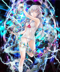 Rule 34 | 1girl, arm up, armpits, bare shoulders, blade, blue sailor collar, breasts, covered navel, eyebrows, glowing, grey eyes, hair between eyes, hair ornament, kuroi nyan, lightning, long hair, looking at viewer, mecha musume, medium breasts, multicolored eyes, neckerchief, nontraditional school swimsuit, official art, old school swimsuit, one-piece swimsuit, original, sailor collar, school swimsuit, senjou no electro girl, short sleeves, sideboob, silver hair, sleeveless, smile, solo, sparkle, standing, standing on one leg, swimsuit, white one-piece swimsuit, white school swimsuit
