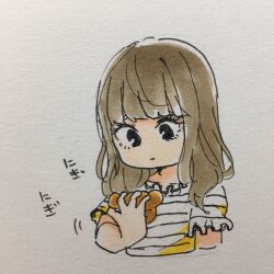 Rule 34 | 1girl, aida rikako, black eyes, blunt bangs, brown hair, closed mouth, collarbone, commentary request, cropped torso, frilled shirt, frills, highres, kashikaze, long hair, real life, shirt, short sleeves, sidelocks, simple background, solo, striped clothes, striped shirt, traditional media, upper body, voice actor, white background, white shirt
