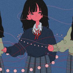 Rule 34 | 3girls, black hair, blue background, blue sweater, blunt bangs, clothes grab, collared shirt, colored skin, commentary request, film grain, grey eyes, grey sweater, gyoza cider., half-closed eyes, highres, long hair, long sleeves, looking at another, looking to the side, multiple girls, neck ribbon, no mouth, original, out of frame, pink skin, plaid, plaid skirt, pleated skirt, red ribbon, ribbon, school uniform, shirt, skirt, solo focus, sweater, thread, white shirt