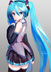 Rule 34 | 1girl, arm at side, artist name, black skirt, black sleeves, black thighhighs, blue eyes, blue hair, closed mouth, commentary, cowboy shot, detached sleeves, gradient background, grey background, grey shirt, hair between eyes, hand on own chest, hatsune miku, headphones, headset, highres, long hair, long sleeves, looking at viewer, miniskirt, shirt, signature, skirt, smile, solo, takepon1123, thighhighs, twintails, very long hair, vocaloid, zettai ryouiki