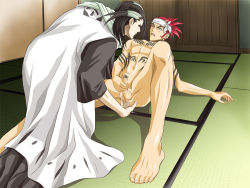 Rule 34 | 2boys, abarai renji, anal, artist request, barefoot, bleach, clothed male nude male, cum, feet, fingering, kuchiki byakuya, male focus, male penetrated, multiple boys, nude, penis, ponytail, red hair, sweat, tattoo, toes, yaoi