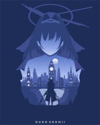 Rule 34 | 1girl, absurdres, blue background, blue theme, bridge, building, character name, full moon, halo, headgear, highres, hololive, hololive english, medium hair, moon, ouro kronii, rezami art, silhouette, skyscraper, virtual youtuber