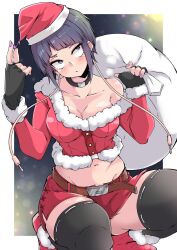 Rule 34 | 1girl, bag, belt, belt buckle, black choker, black gloves, black thighhighs, blue eyes, blue hair, blunt bangs, blush, boku no hero academia, boots, breasts, brown belt, buckle, choker, christmas, cleavage, collarbone, cropped jacket, dark blue hair, fingerless gloves, fur-trimmed boots, fur-trimmed sleeves, fur trim, gift bag, gloves, hat, highres, holding, holding bag, jacket, jirou kyouka, long sleeves, looking up, medium breasts, midriff, musical note, nail polish, navel, purple nails, red footwear, red jacket, red shorts, santa costume, santa hat, shinonome mozuku, shiny skin, short hair, short shorts, shorts, solo, squatting, stomach, thick thighs, thighhighs, thighs, white bag