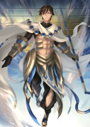Rule 34 | 1boy, abs, absurdres, ahoge, black gloves, brown hair, cape, dark skin, dark-skinned male, egyptian, egyptian clothes, fate/grand order, fate/prototype, fate/prototype: fragments of blue and silver, fate (series), full body, gauntlets, gloves, hair between eyes, highres, holding, holding staff, jewelry, light smile, looking at viewer, male focus, muscular, necklace, oimoimo67823, ozymandias (fate), topless male, shrug (clothing), smile, solo, staff, white cape, yellow eyes