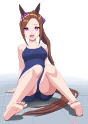 Rule 34 | 1girl, animal ears, artist name, bare shoulders, barefoot, blue one-piece swimsuit, breasts, commentary request, competition school swimsuit, ear ornament, feet, flower-shaped pupils, flower in eye, gold hairband, hairband, highres, horse ears, horse girl, horse tail, knees together feet apart, knees up, legs, looking at viewer, medium breasts, one-piece swimsuit, open mouth, sakura bakushin o (umamusume), school swimsuit, simple background, smile, soles, solo, swimsuit, symbol-shaped pupils, symbol in eye, t2r, tail, toes, tracen swimsuit, umamusume, white background