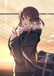 Rule 34 | 1girl, 22/7, :d, bag, black coat, black skirt, blush, bookbag, brown hair, coat, fence, hair rings, hands up, long hair, looking at viewer, nagareboshi, open mouth, outdoors, own hands together, pink scarf, purple eyes, scarf, sidelocks, skirt, smile, solo, sunset