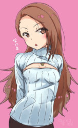 Rule 34 | 1girl, arms behind back, blush, breasts, brown eyes, brown hair, idolmaster, idolmaster (classic), jewelry, kurotora865 90, long hair, meme attire, minase iori, necklace, open-chest sweater, pink background, simple background, small breasts, solo, sweater
