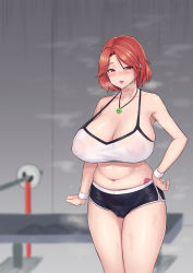 Rule 34 | 1girl, blush, breasts, cameltoe, cleavage, cleft of venus, fortune (last origin), highres, huge breasts, large areolae, large breasts, last origin, looking at viewer, navel, nipples, open mouth, plump, red eyes, red hair, see-through, short hair, short shorts, shorts, solo, sportswear, standing, sweat, thighs, zb44564344