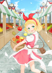 Rule 34 | 1girl, :d, absurdres, apple, bag, basket, blonde hair, blue sky, boots, bow, brown footwear, cloud, cloudy sky, collared shirt, commentary request, day, dress, food, fruit, green eyes, highres, holding, holding basket, lemon, looking at viewer, looking back, open mouth, orange (fruit), original, outdoors, pink dress, puffy short sleeves, puffy sleeves, red apple, segawa luna, shirt, short hair, short sleeves, shoulder bag, sky, sleeveless, sleeveless dress, smile, solo, standing, standing on one leg, white bow, white shirt