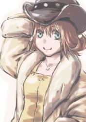 Rule 34 | 1girl, breasts, brown hair, closed mouth, cowboy hat, final fantasy, final fantasy viii, flipped hair, hat, jacket, jewelry, looking at viewer, lowres, necklace, selphie tilmitt, short hair, simple background, smile, solo, white background, yellow overalls