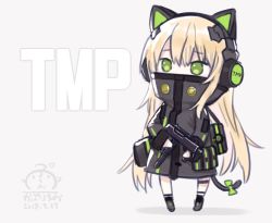 Rule 34 | 1girl, animal ear headphones, animal ears, artist name, bad id, bad pixiv id, black footwear, black jacket, blonde hair, bow, capriccio, cat ear headphones, cat ears, cat tail, character name, chibi, commentary, covered mouth, dated, fake animal ears, girls&#039; frontline, green bow, green eyes, grey background, gun, hair between eyes, headphones, holding, holding gun, holding weapon, jacket, long hair, name connection, object namesake, signature, solo, standing, b&amp;t mp9, submachine gun, tail, tail bow, tail ornament, tmp (girls&#039; frontline), very long hair, weapon