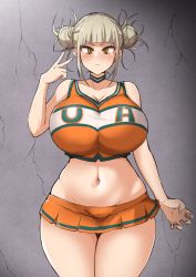 Rule 34 | 1girl, arm up, blonde hair, blush, boku no hero academia, breasts, cheerleader, clothes, collar, double bun, female focus, hair bun, highres, large breasts, looking at viewer, pom pom (cheerleading), pom pom (clothes), pussy juice, solo, toga himiko, v, yamaori, yellow eyes